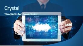  Presentation with healthcare technology cloud - Presentation theme featuring datamanagement tools - hand holding tablet with cloud background and a  colored foreground