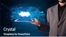  Presentation with cloud technology - Beautiful PPT theme featuring datamanagement tools - hand holding tablet with cloud backdrop and a navy blue colored foreground