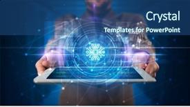  Presentation with data protection - Presentation theme enhanced with datamanagement tools - hand holding tablet with online background and a ocean colored foreground