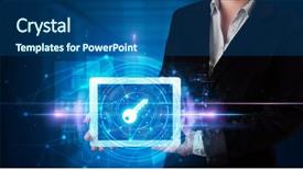  Presentation with data protection - PPT theme with datamanagement tools - hand holding tablet with online background and a ocean colored foreground