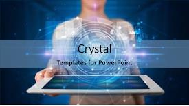  Presentation with data protection - Cool new PPT theme with datamanagement tools - hand holding tablet with online backdrop and a light blue colored foreground