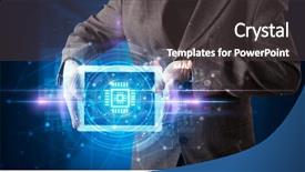  Presentation with data protection - Beautiful slide set featuring datamanagement tools - hand holding tablet with online backdrop and a dark gray colored foreground