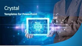  Presentation with data protection - Beautiful slide set featuring datamanagement tools - hand holding tablet with online backdrop and a ocean colored foreground