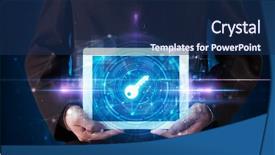  Presentation with data protection - Presentation consisting of datamanagement tools - hand holding tablet with online background and a navy blue colored foreground