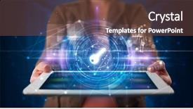  Presentation with data protection - PPT layouts enhanced with datamanagement tools - hand holding tablet with online background and a tawny brown colored foreground