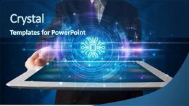  Presentation with data protection - PPT theme enhanced with datamanagement tools - hand holding tablet with online background and a ocean colored foreground