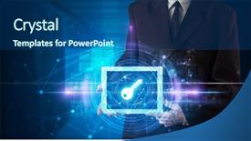  Presentation with data protection - Colorful slide deck enhanced with datamanagement tools - hand holding tablet with online backdrop and a ocean colored foreground