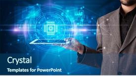  Presentation with hand tools - Amazing presentation theme having datamanagement tools - hand holding tablet with online backdrop and a ocean colored foreground