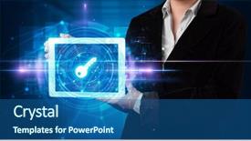  Presentation with data protection - Cool new slide deck with datamanagement tools - hand holding tablet with online backdrop and a ocean colored foreground