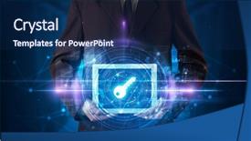  Presentation with data protection - Audience pleasing slides consisting of datamanagement tools - hand holding tablet with online backdrop and a navy blue colored foreground