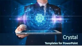  Presentation with hand tools - Beautiful presentation theme featuring datamanagement tools - hand holding tablet with online backdrop and a ocean colored foreground