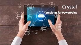  Presentation with virtual memory in cloud computing - Audience pleasing PPT layouts consisting of datamanagement tools - hand touching tablet with cloud backdrop and a tawny brown colored foreground