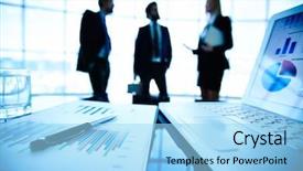  Presentation with pen laptop coffee cup clips - Cool new slide set with datamanagement tools - laptop and financial document backdrop and a arctic colored foreground