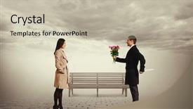  Presentation with man looking up happy - PPT layouts enhanced with datd base - man with flowers and knife background and a mint green colored foreground