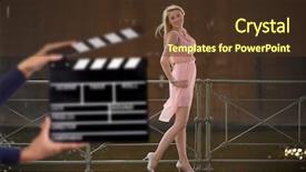  Presentation with female - Cool new slide deck with date announcment - clapperboard sign hold by female backdrop and a  colored foreground