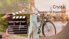  Presentation with female - Audience pleasing slide set consisting of date announcment - clapperboard sign hold by female backdrop and a  colored foreground