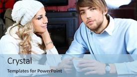  Presentation with people helping each teamwork couple - Cool new theme with date at a caf backdrop and a light blue colored foreground