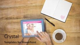  Presentation with dating - Presentation featuring dating website against man working on tablet background and a coral colored foreground