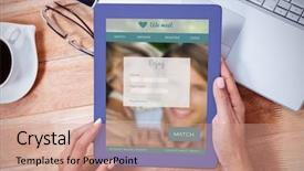  Presentation with feminine - Slide deck with dating website against overhead of feminine hand using tablet background and a coral colored foreground