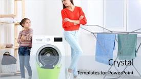  Presentation with mother doing yoga kids - Slide deck having daughter and mother doing laundry background and a light blue colored foreground