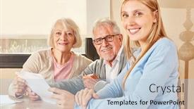  Presentation with home documents - PPT theme featuring daughter-and-senior-couple background and a light blue colored foreground