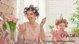  Presentation with hair dressing - PPT layouts having daughter are doing hair manicures background and a coral colored foreground