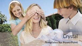  Presentation with eyes - Amazing presentation design having daughter covering mother's eyes as son holds a gift in front of her backdrop and a soft green colored foreground