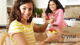  Presentation with fruit leafy greens dairy - PPT layouts consisting of mother and daughter eating cereal background and a coral colored foreground