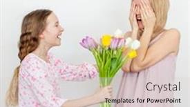  Presentation with mom daughter - Audience pleasing PPT theme consisting of daughter-gives-mom-flowers-mothers backdrop and a light gray colored foreground