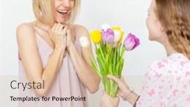  Presentation with mom daughter - PPT theme enhanced with daughter-gives-mom-flowers-mothers background and a lemonade colored foreground