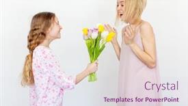  Presentation with mom daughter - Presentation design consisting of daughter-gives-mom-flowers-mothers background and a lemonade colored foreground