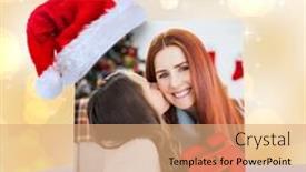  Presentation with light abstract - Beautiful PPT theme featuring daughter giving her mother a christmas present against yellow abstract light spot design backdrop and a coral colored foreground