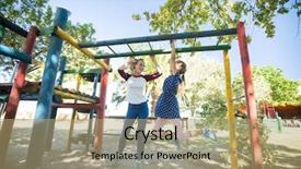  Presentation with displaying a happy mother cudd - Slide deck featuring daughter hanging on jungle gym background and a  colored foreground