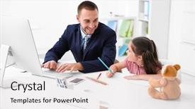  Presentation with helping - Amazing PPT theme having daughter helping father working backdrop and a white colored foreground