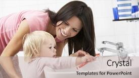  Presentation with colorful teeth movable - Audience pleasing presentation theme consisting of daughter in bathroom brushing teeth backdrop and a coral colored foreground