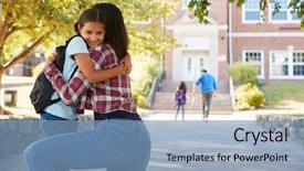  Presentation with school house gate - Slide deck with daughter in front of school background and a teal colored foreground