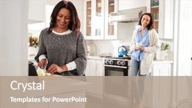  Presentation with kitchen furniture - Presentation with daughter leaning on kitchen furniture background and a coral colored foreground