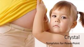  Presentation with pregnant mother - Amazing presentation having daughter looking at pregnant mother's belly isolated over white backdrop and a coral colored foreground