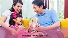  Presentation with daughter - Audience pleasing PPT theme consisting of daughter on sofa holding stuffed backdrop and a coral colored foreground