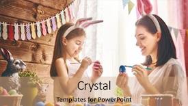  Presentation with displaying a happy mother cudd - Slide set with daughter painting eggs happy family background and a coral colored foreground