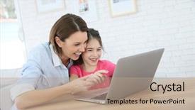  Presentation with cyber stalking computer laptop suffering - PPT theme consisting of daughter playing on laptop computer background and a coral colored foreground