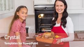  Presentation with displaying a happy mother cudd - Colorful PPT layouts enhanced with daughter posing with roast turkey backdrop and a coral colored foreground