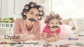  Presentation with mother child - PPT theme with daughter preparing for a party background and a coral colored foreground