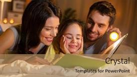  Presentation with light book - Slide set having daughter reading book with torch background and a coral colored foreground