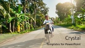  Presentation with thai muic - PPT theme featuring daughter riding motorbike through rural background and a mint green colored foreground
