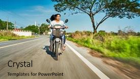  Presentation with thai pongal - Slide deck featuring daughter riding motorbike through rural background and a coral colored foreground