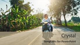  Presentation with thai language - PPT layouts enhanced with daughter riding motorbike through rural background and a coral colored foreground