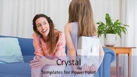  Presentation with home textiles - Slide set having daughter surprising mother with gift background and a teal colored foreground