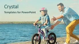  Presentation with teaching - Amazing PPT theme having bike transportation - young man teaching his daughter backdrop and a soft green colored foreground