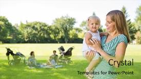  Presentation with displaying a happy mother cudd - Beautiful PPT layouts featuring daughter with friends and children backdrop and a yellow colored foreground